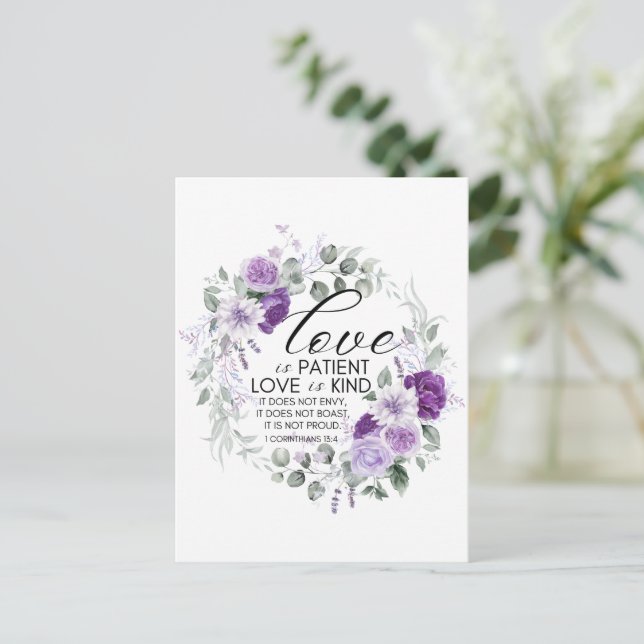1 Corinthians 13:4 Love is Patient Violet Floral Postcard (Standing Front)