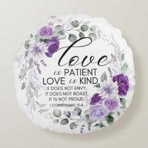 1 Corinthians 13:4 Love is Patient Violet Floral Round Cushion