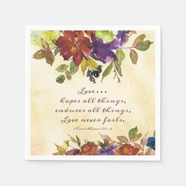 1 Corinthians 13:7 Love never fails Autumn Floral Napkin (Front)