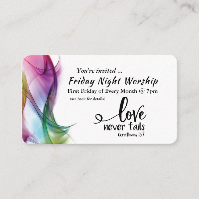 1 Corinthians 13:7 Love Never Fails Church Event  Business Card (Front)