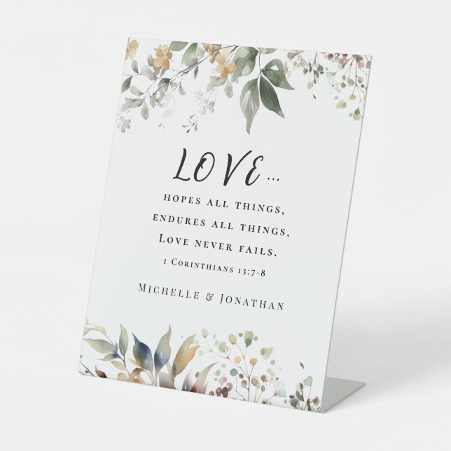 1 Corinthians 13:7 Love Never Fails Wedding Bible Pedestal Sign (Front)