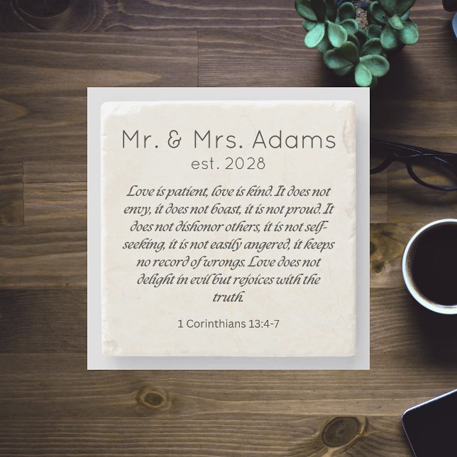 1 Corinthians 13 Mr Mrs Surname Est. Year Wedding Stone Coaster (1 Corinthians 13 Mr Mrs Surname Est. Year Wedding Stone Coaster)