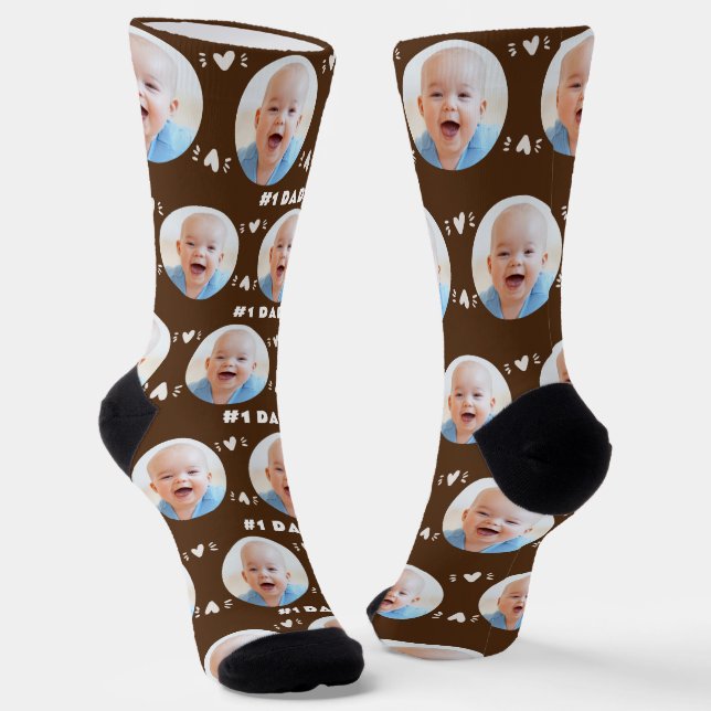#1 Dad Baby or Child Photo Brown Father's Day Socks (Angled)