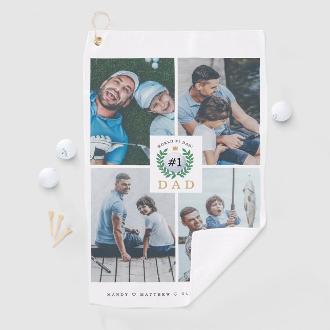 #1 Dad, Happy Fathers Day Golf Theme Photo Collage Golf Towel (InSitu)