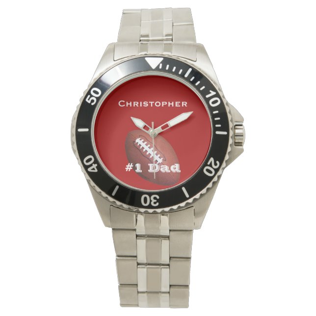 #1 Dad, Personalised Name, Football, Silver Wrist Watch (Front)