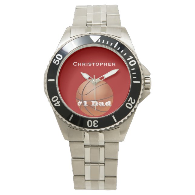 #1 Dad, Personalised Name, Red, Basketball Wrist Watch (Front)