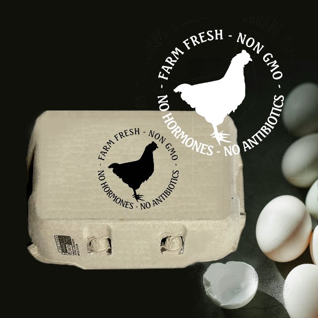 1” EGG CARTON STAMP with hen FARM FRESH - NON GMO (Creator Uploaded)