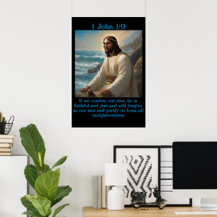 1 John 1:9 with a old boat in the calm ocean Poster