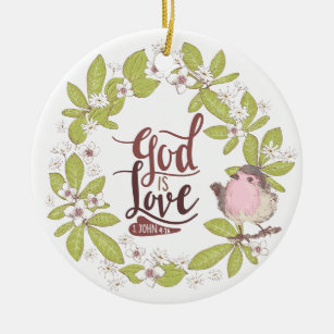 1 John 4:16 God is Love Floral Wreath Cute Bird Ceramic Tree Decoration