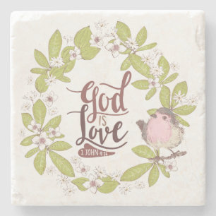 1 John 4:16 God is Love Floral Wreath Cute Bird Stone Coaster
