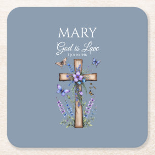 1 John 4:16 God Is Love – Personalised Christian Square Paper Coaster