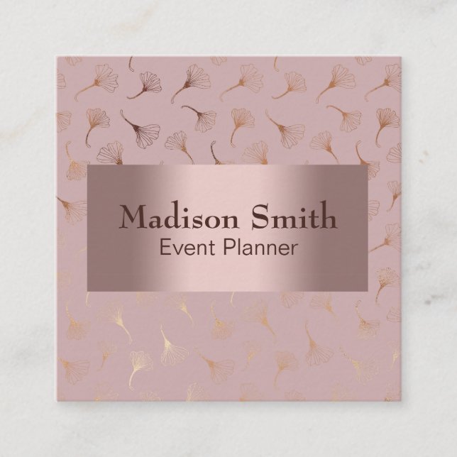 1-Modern Rose Gold Hand Drawn Floral Square Business Card (Front)