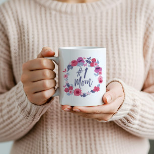 #1 Mom Brush Script Floral Butterfly Pink Wreath Coffee Mug