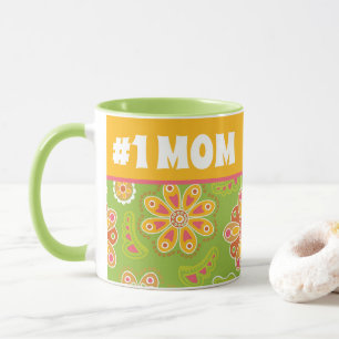 #1 MOM - Retro Flower Green Yellow Number One Mum Mug