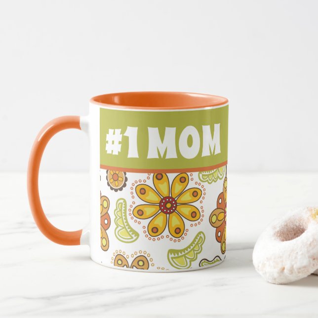 #1 MOM - Retro Flower Orange Green Number One Mum Mug (With Donut)