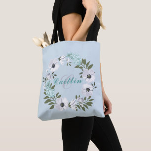 1-Monogrammed Black, White & Teal Floral Design Tote Bag