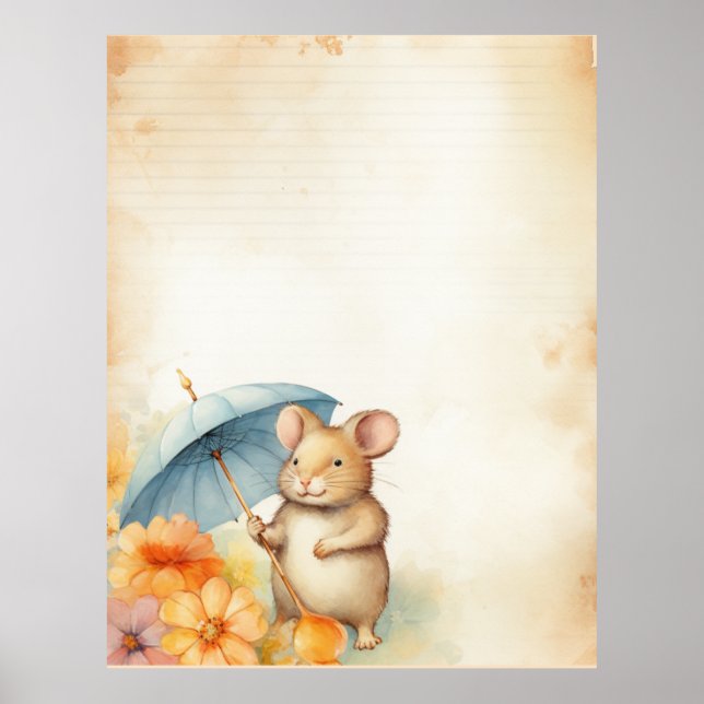 1 Mouse with blue umbrella orange pink flowers Poster (Front)