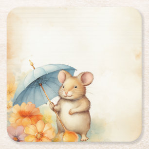 1 Mouse with blue umbrella orange pink flowers Square Paper Coaster