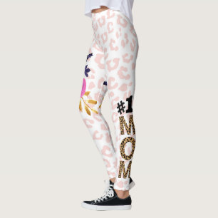 #1 Mum, Mother's Day Floral Animal Print Leggins L Leggings