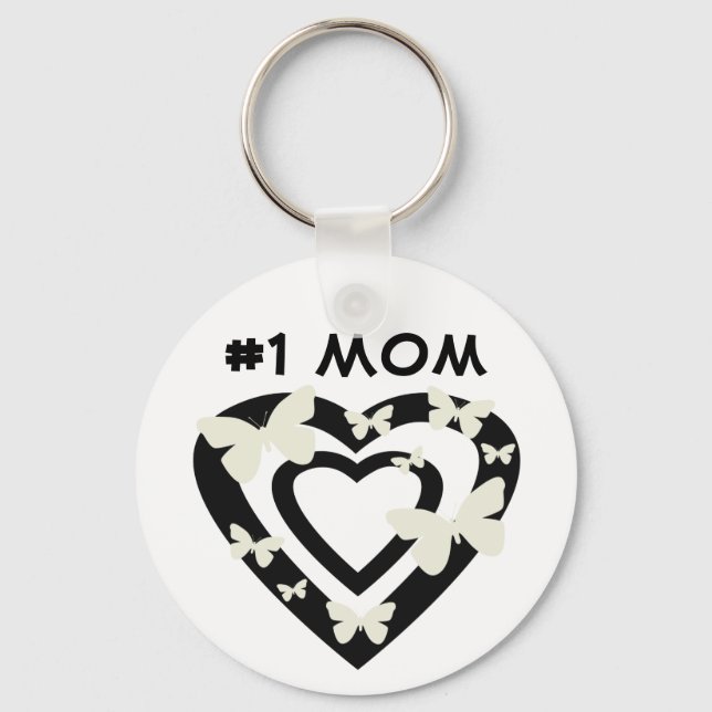 #1 Mum, open hearts, white butterflies Key Ring (Front)