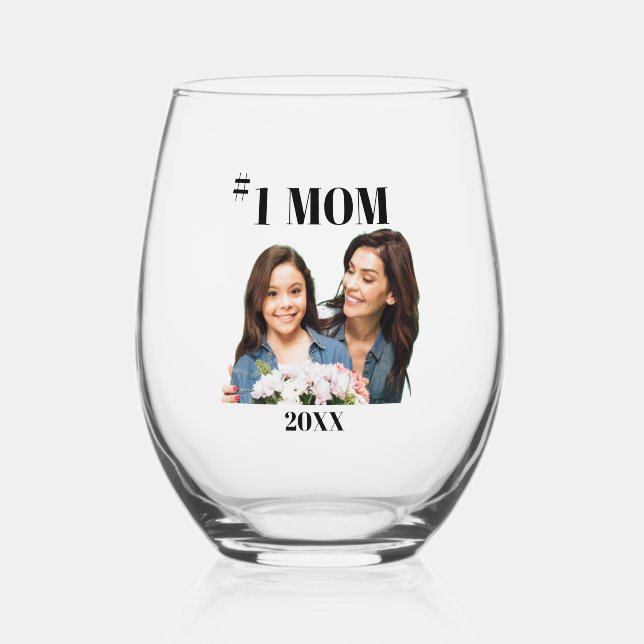 #1 Mum/Photo Stemless Wine Glass (Front)