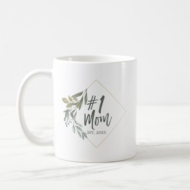 #1 Mum Typography Watercolor Foliage Mother's Day Coffee Mug (Left)