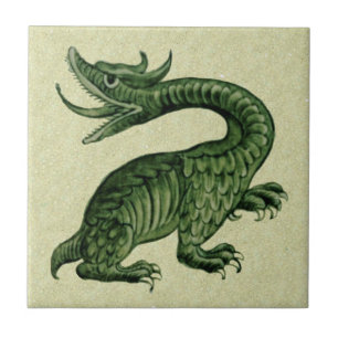 1 of Set of 2 De Morgan Green Dragon Ceramic Tiles