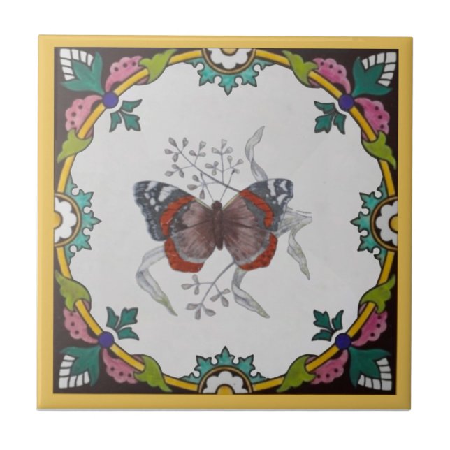 1 of Set of Repro Antique Minton Butterfly Series Tile (Front)