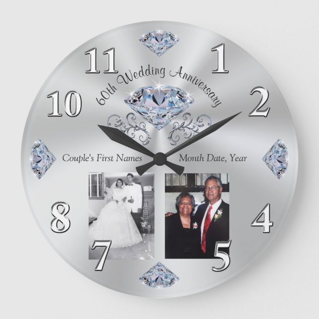 1 or 2 Photo, 60 years Wedding Anniversary Gift Large Clock (Front)