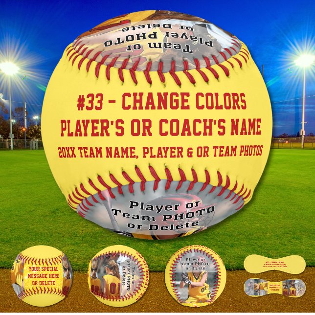 1 or 2 PHOTOS, Softball Senior Night Gift Ideas (Personalized Softballs. Softball Senior Night Gifts. Gifts for Softball Coaches. Red Yellow Softball)