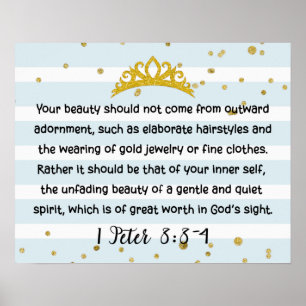 1 Peter 3:3-4 Inner Beauty Bible Verse Blue Poster