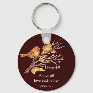 1 Peter 4:8 Love Each Other Deeply Scripture Birds Key Ring