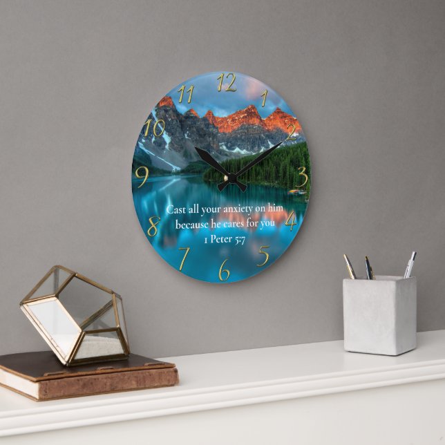 1 Peter 5:7 beautiful moutain lake view  Large Clock (Office)