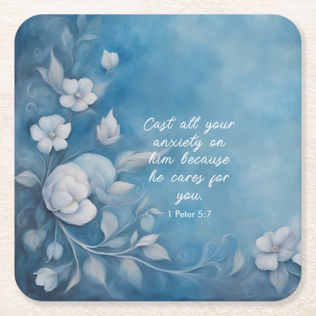 1 Peter 5:7 Bible Verse Image Square Paper Coaster (Front)