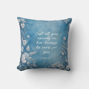 1 Peter 5:7 “Cast All Your Anxiety” Blue Floral Cushion