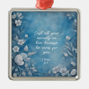 1 Peter 5:7 “Cast All Your Anxiety” Blue Floral Metal Tree Decoration