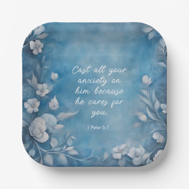 1 Peter 5:7 “Cast All Your Anxiety” Blue Floral Paper Plate (Front)