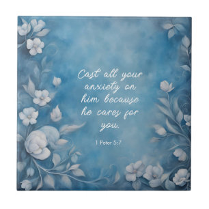 1 Peter 5:7 “Cast All Your Anxiety” Blue Floral Tile