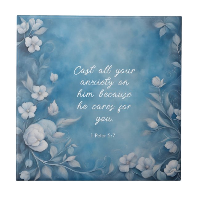 1 Peter 5:7 “Cast All Your Anxiety” Blue Floral Tile (Front)