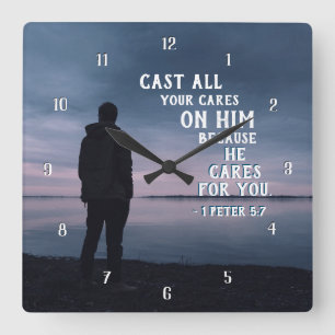 1 Peter 5:7 Cast all your cares on Him Bible Verse Square Wall Clock