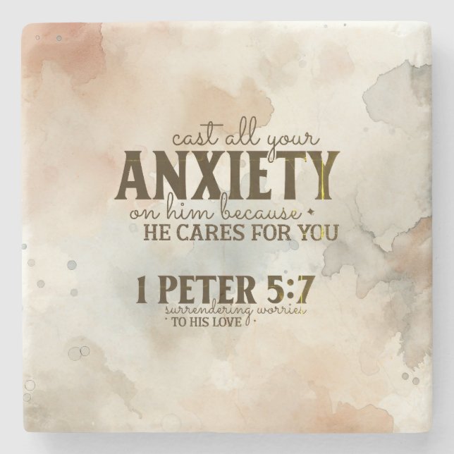 1 Peter 5:7 Cast your anxiety on Him Bible Verse Stone Coaster (Front)