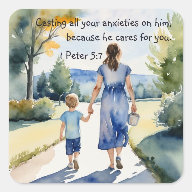 1 Peter 5:7 Casting all your anxieties on him Square Sticker (Front)