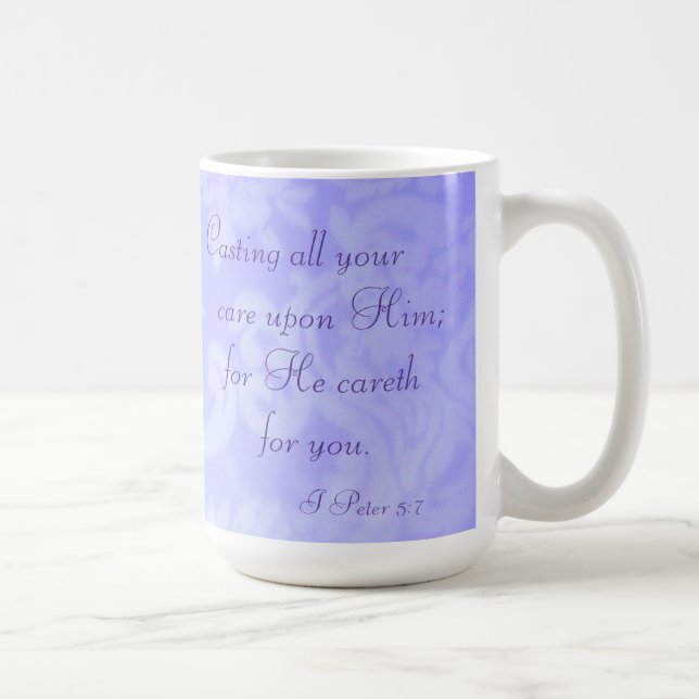 1 Peter 5:7 Casting All Your Care Upon Him Violet Coffee Mug (Right)