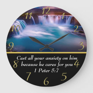 1 Peter 5:7 Christian Faith a waterfall Large Clock