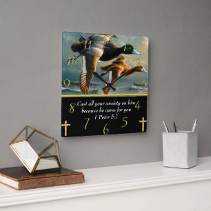 1 Peter 5:7 Christian Faith cross with ducks Square Wall Clock