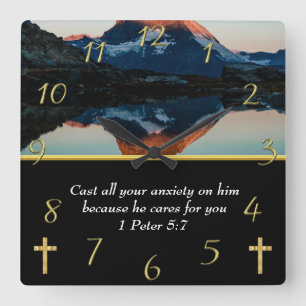 1 Peter 5:7 Christian Faith moutain lake  Square Wall Clock