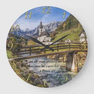 1 Peter 5:7 church near the moutain with river Large Clock
