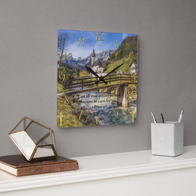 1 Peter 5:7 church near the moutain with river Square Wall Clock (Office)