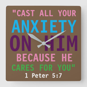 1 Peter 5:7 Colourful Bible Verse Print Christian Square Wall Clock