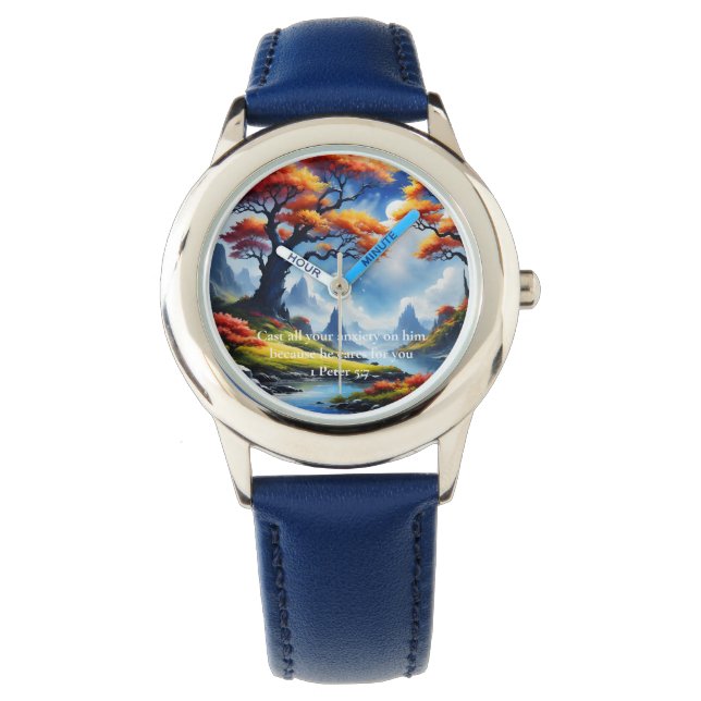 1 Peter 5:7 cross on a mountain  Watch (Front)